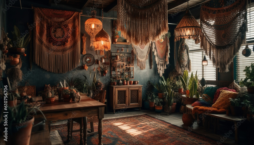 Rustic lantern hanging on old fashioned wooden table in indigenous home interior generated by AI