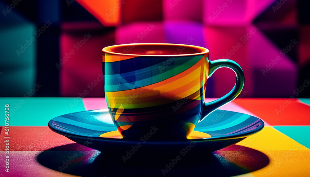 Multi colored coffee cup on blue table, no people indoors generated by AI