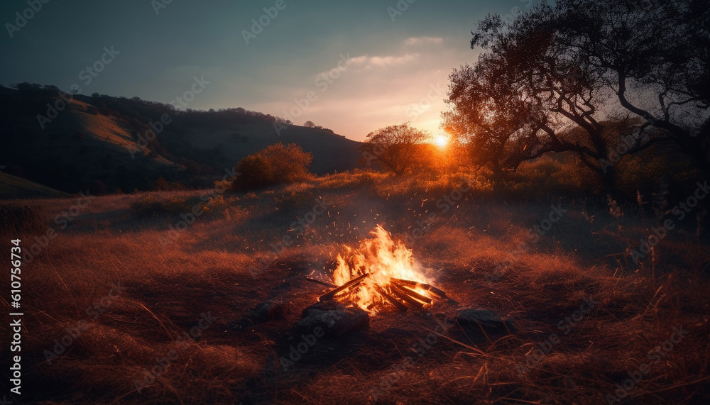 Nature inferno Burning bonfire ignites glowing forest fire at dusk generated by AI