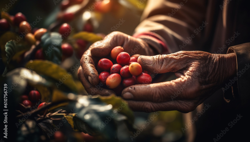 Rural farmer harvesting ripe fruit, holding nature freshness in hand generated by AI