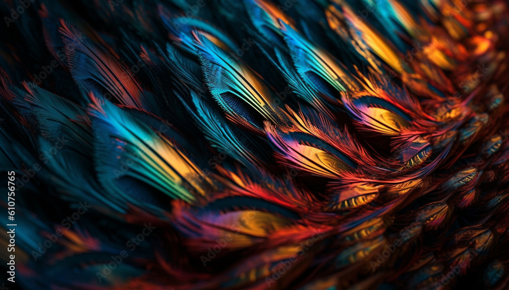 Vibrant peacock tail showcases animal elegance in nature abstract design generated by AI