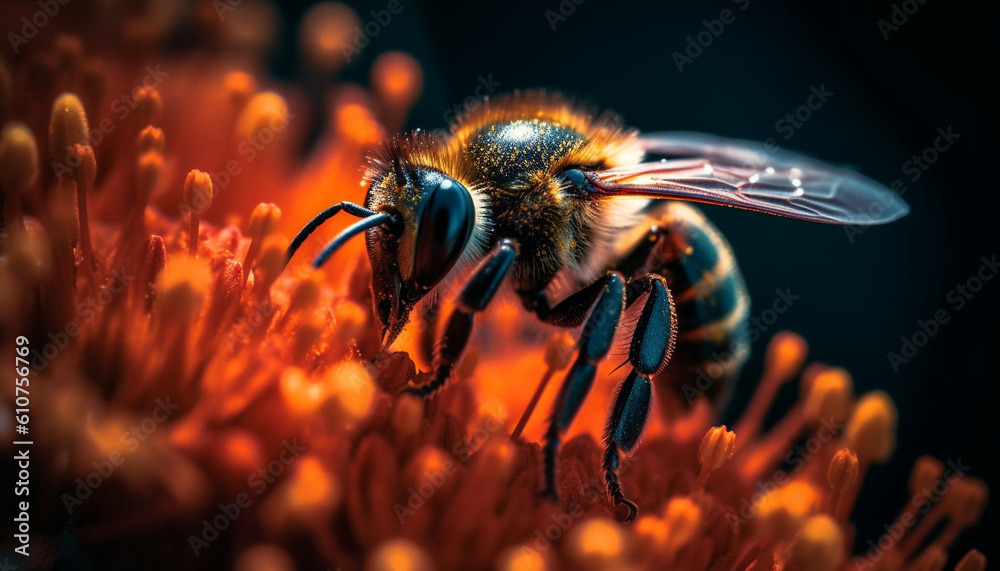 Busy honey bee working on yellow flower for pollination generated by AI