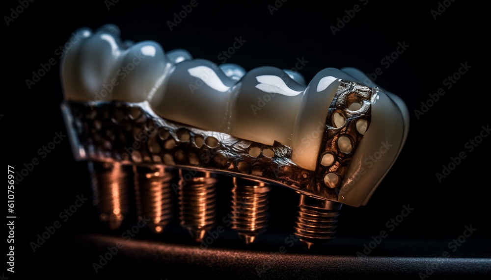 Shiny metal dental crown on black background, studio shot generated by AI