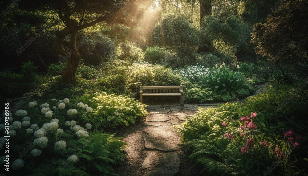 Tranquil scene of a formal garden with a bench under sunlight generated by AI