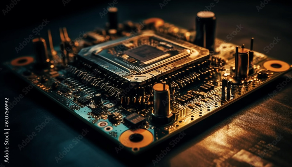 Abstract circuit board with complex semiconductor components and selective focus generated by AI