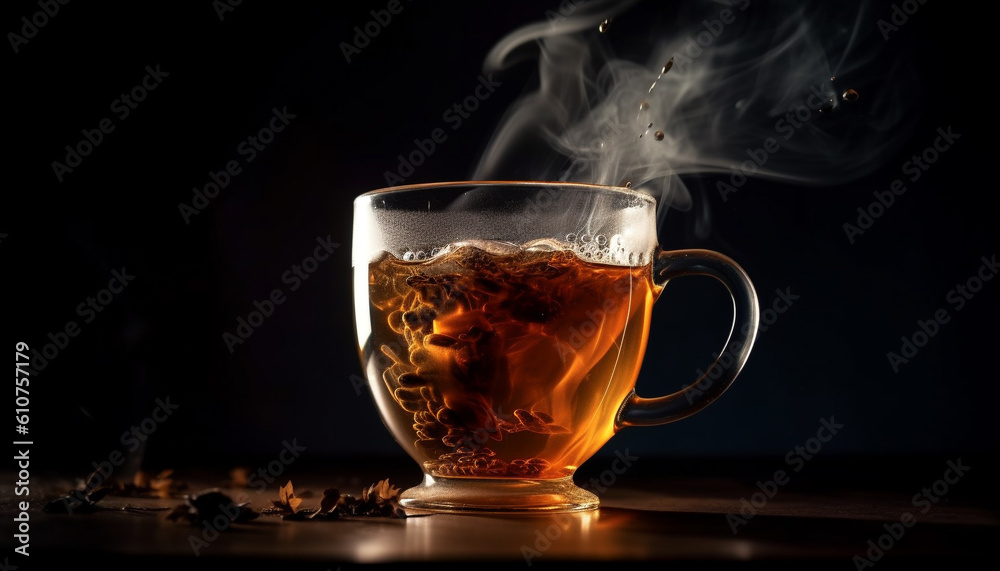 Dark liquid in mug on wood table with steam and reflection generated by AI