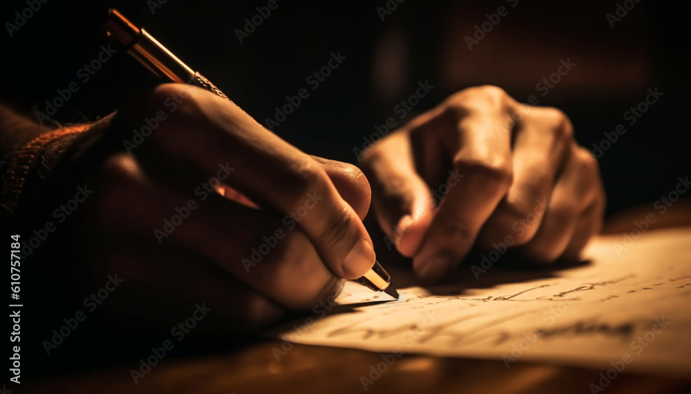 Hand holding pen, close up of handwriting on paper, office work generated by AI