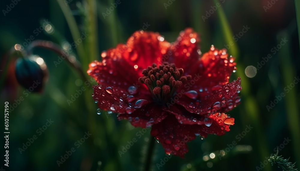 Fresh purple daisy in wet meadow, bright raindrop on petal generated by AI