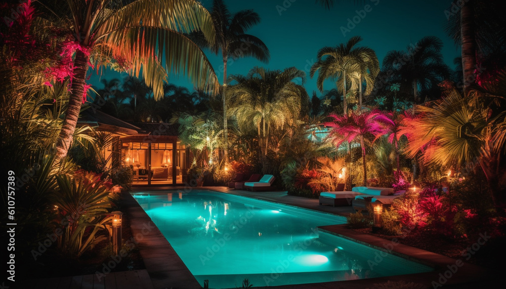 Tropical palm trees illuminate luxury resort tranquil poolside at dusk generated by AI