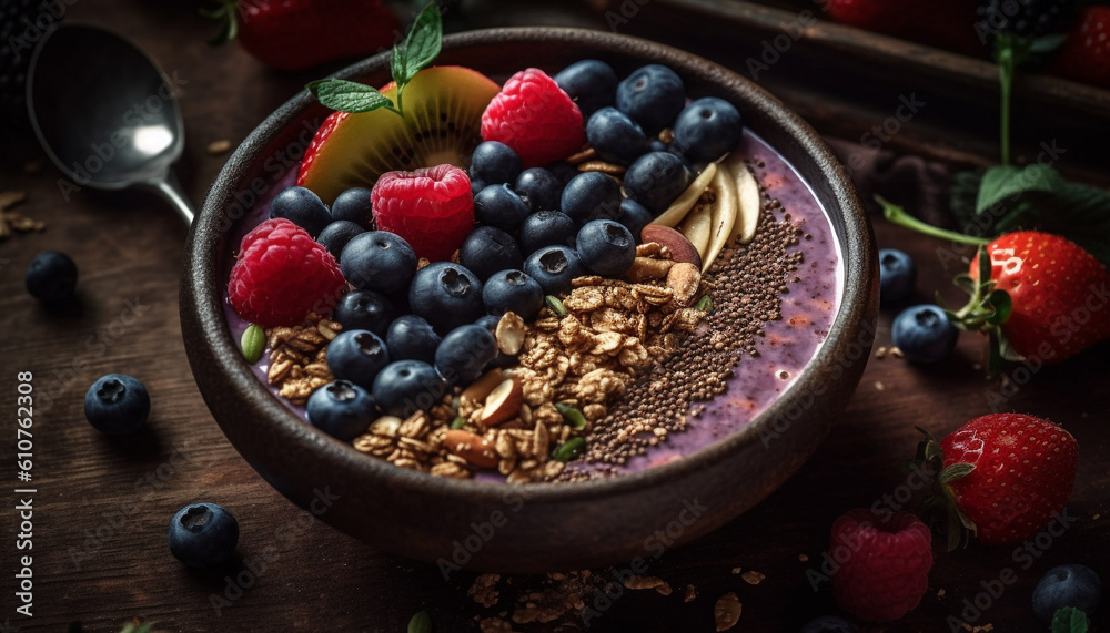 Organic berry bowl with granola, yogurt, and fresh fruit toppings generated by AI