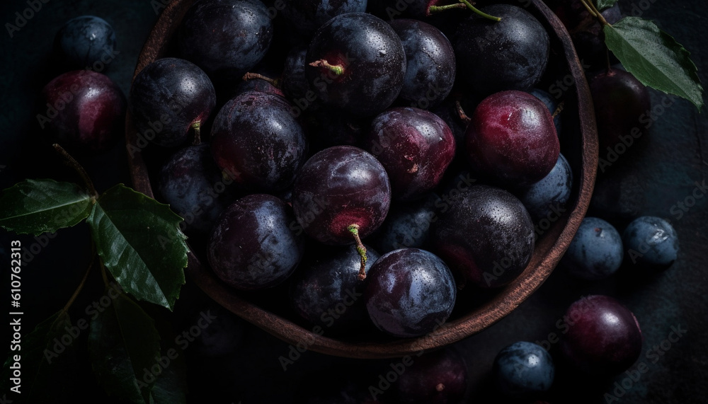 Juicy berry bunch on rustic wood table, a healthy snack generated by AI