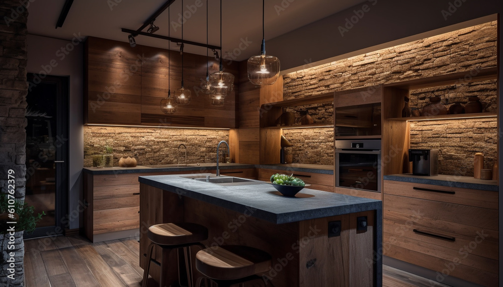 Luxury domestic kitchen with elegant wood design and rustic flooring generated by AI