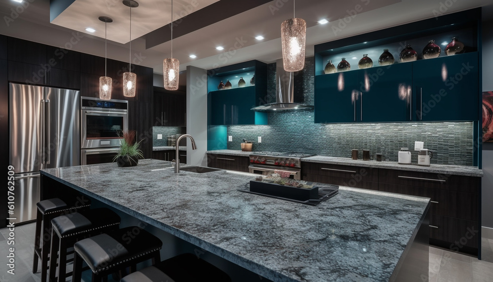 Modern luxury kitchen design with elegant marble flooring and lighting generated by AI