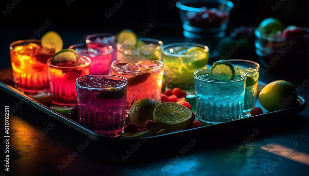 Fresh fruit cocktail on wooden table at lively night bar generated by AI