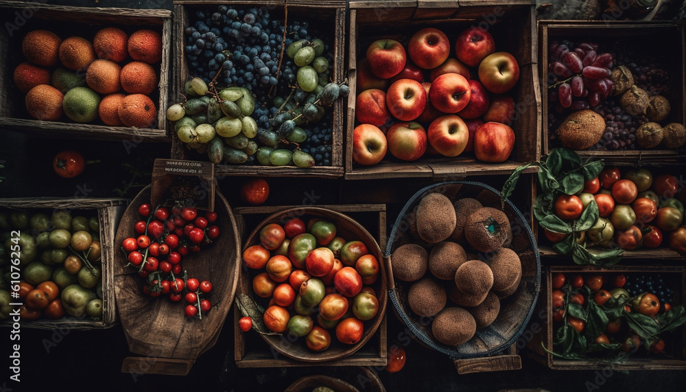 Autumn harvest a rustic basket of organic, fresh, healthy food generated by AI