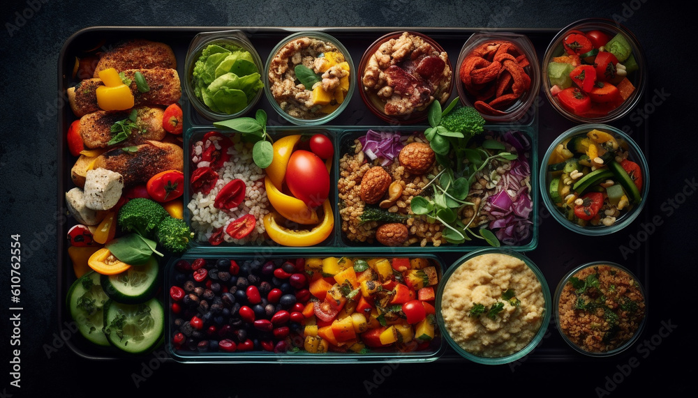 Healthy vegetarian salad bowl with grilled beef and multi colored vegetables generated by AI