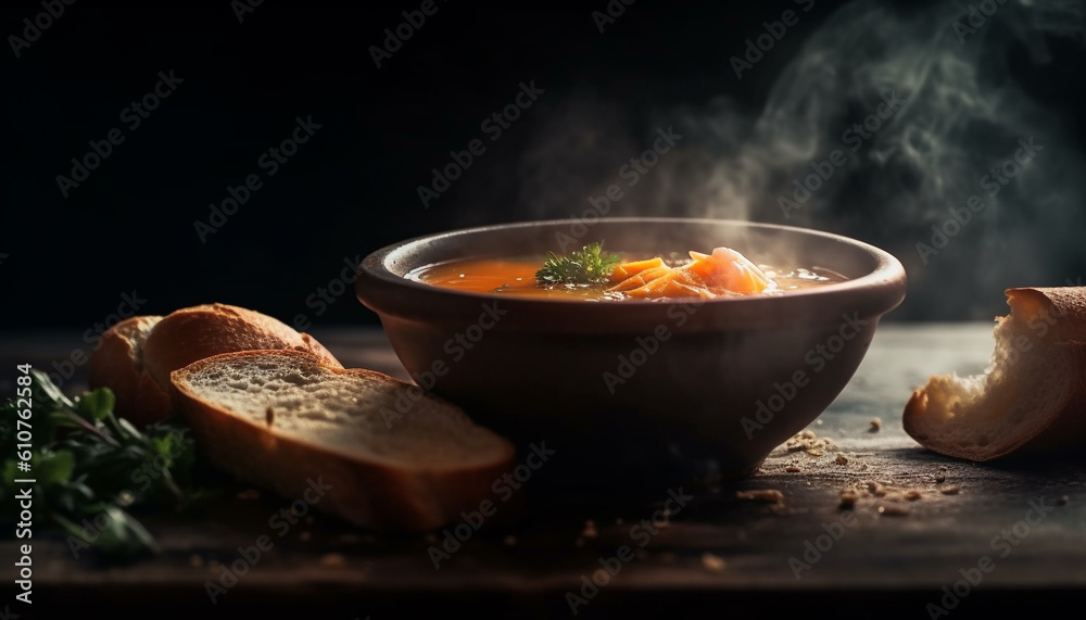 Fresh homemade vegetable soup served in rustic wooden bowl generated by AI