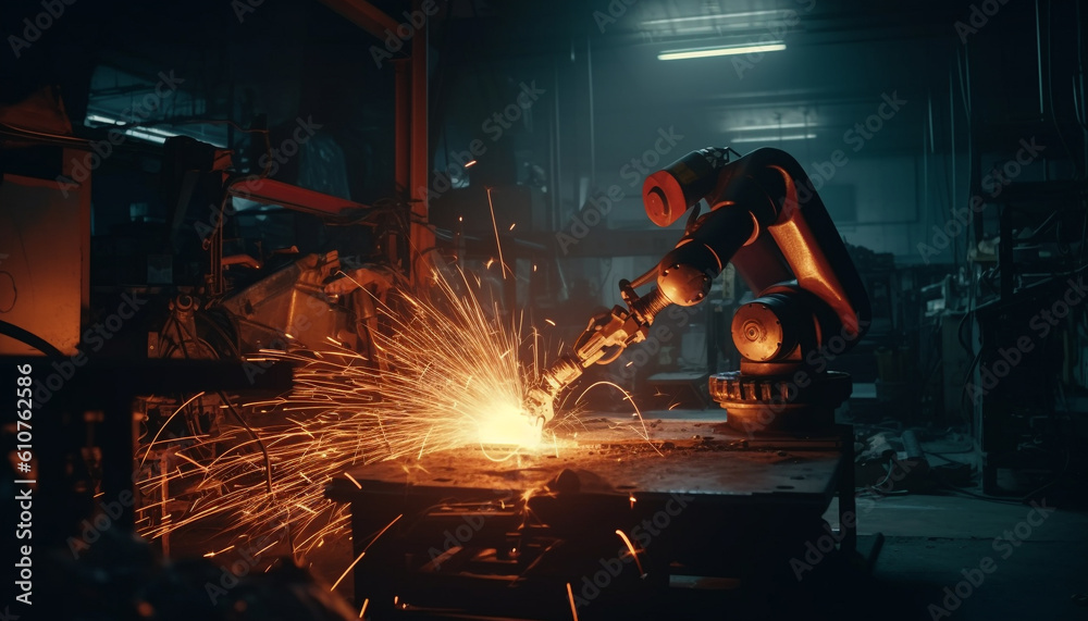 Metalworkers use machinery and robotic arms to weld steel in factories generated by AI