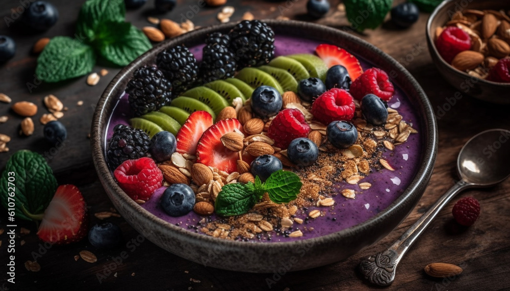 Organic berry parfait with granola, yogurt, and fresh fruit toppings generated by AI