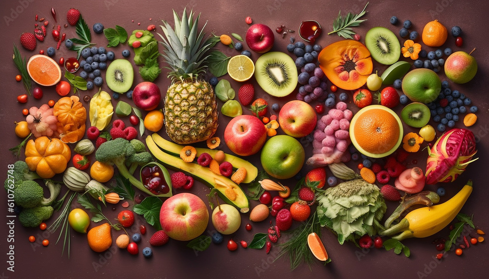 Vibrant collection of ripe, multi colored fruits and vegetables on table generated by AI