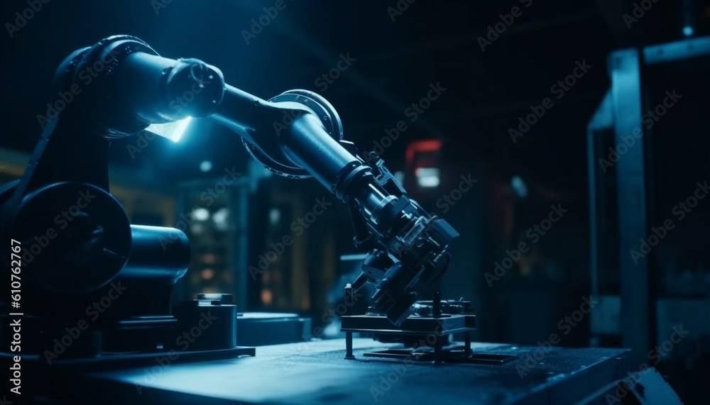 Futuristic robotic arm analyzing steel machinery in illuminated laboratory generated by AI