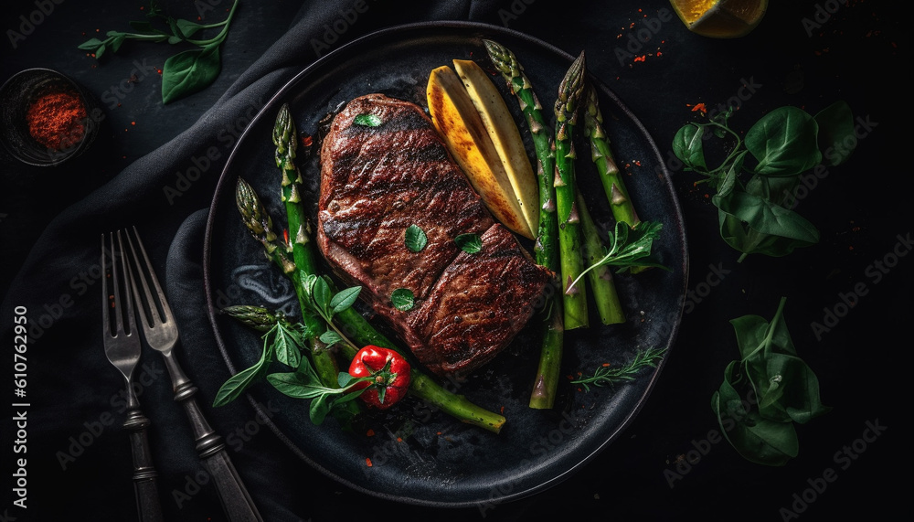 Grilled sirloin steak with fresh asparagus and organic tomato leaf generated by AI