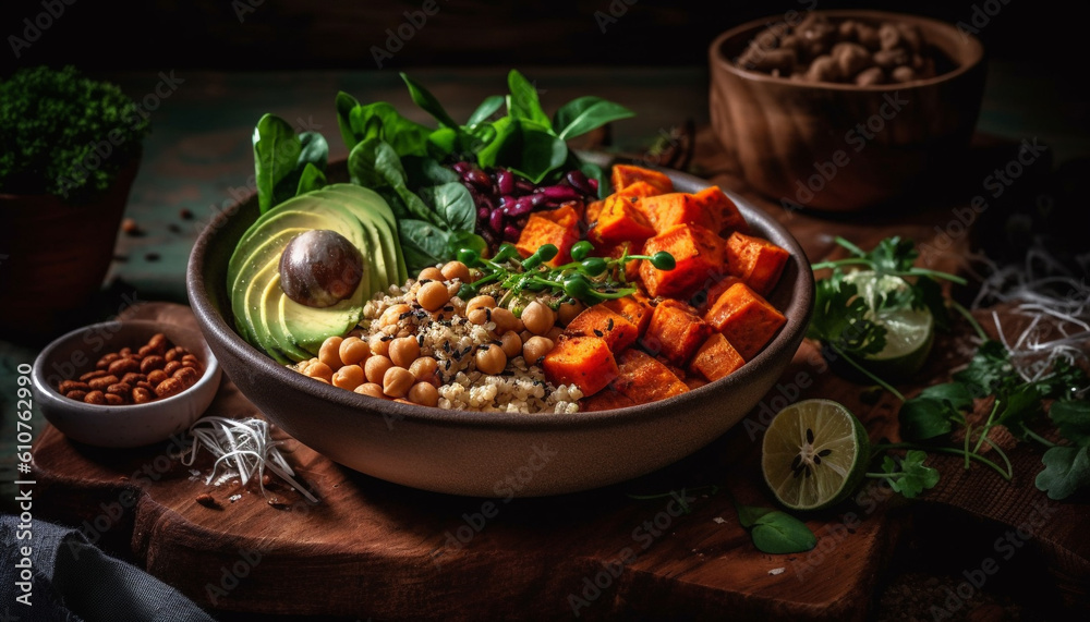 Organic vegetarian soup with fresh vegetables served in rustic bowl generated by AI