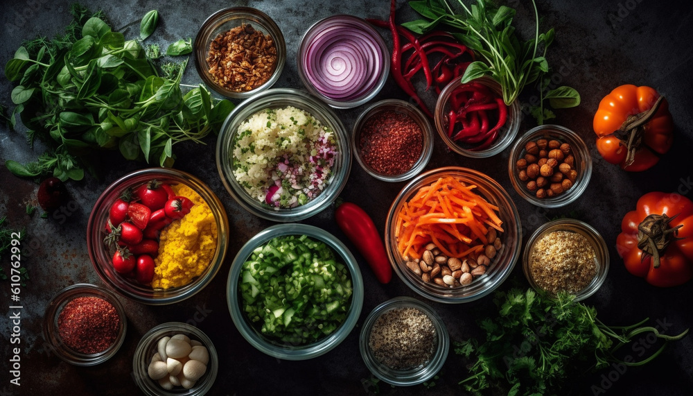 Healthy vegetarian salad with fresh organic ingredients on rustic wood table generated by AI