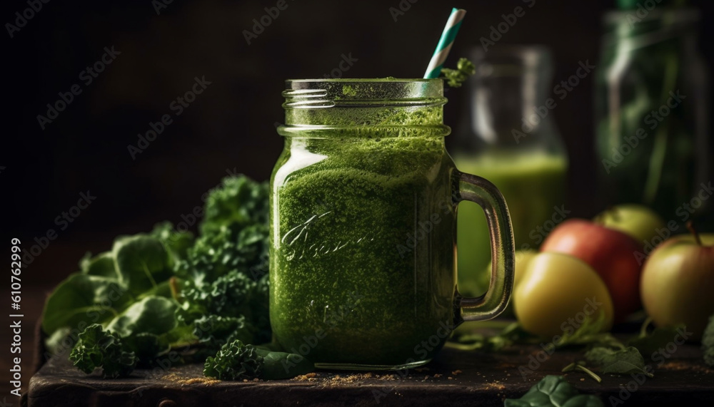 Organic vegetable smoothie in rustic wooden glass for healthy lifestyle generated by AI