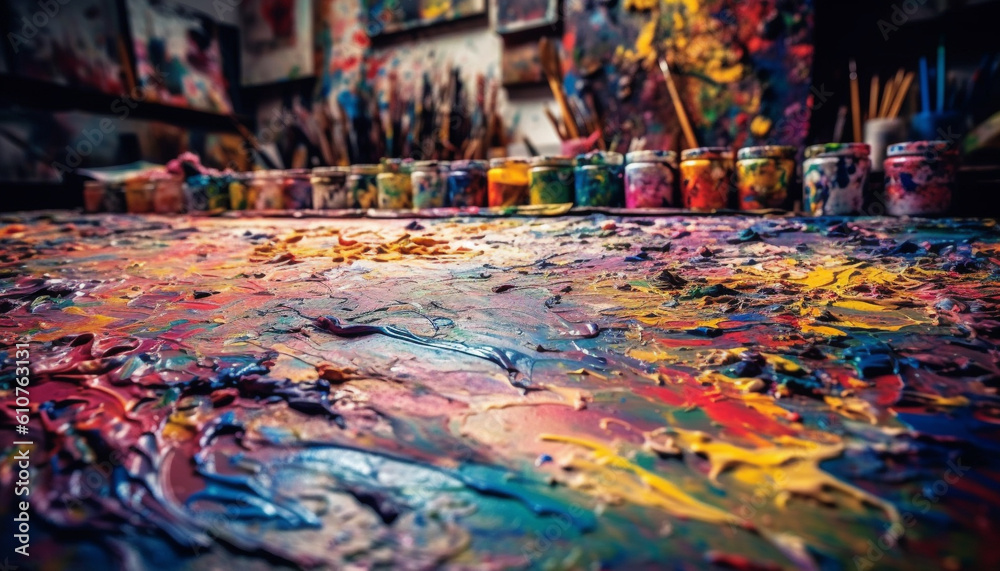 Vibrant colors splashing on messy backgrounds create abstract paintings generated by AI