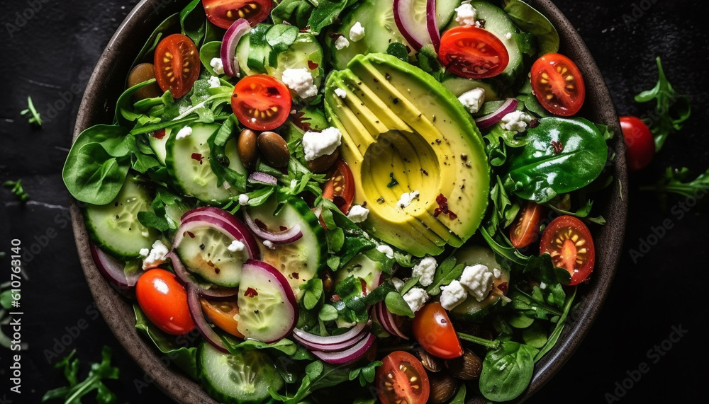 Fresh gourmet salad bowl with organic vegetables and multi colored ingredients generated by AI