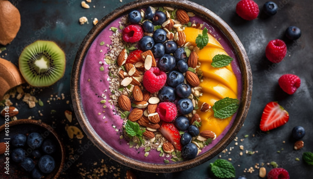 Healthy gourmet berry bowl with fresh blueberry, raspberry, and granola generated by AI