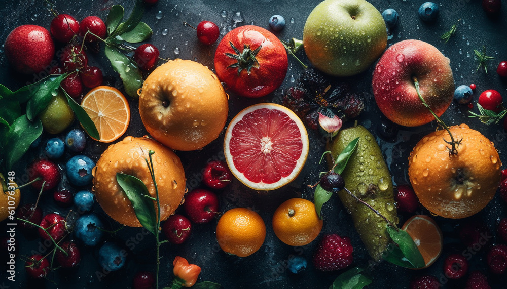 Fresh organic fruit on wooden table, a colorful healthy meal generated by AI