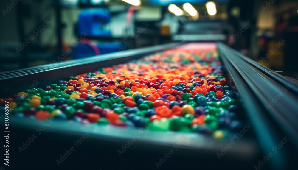 Vibrant candy factory produces multi colored sweet treats with modern machinery generated by AI