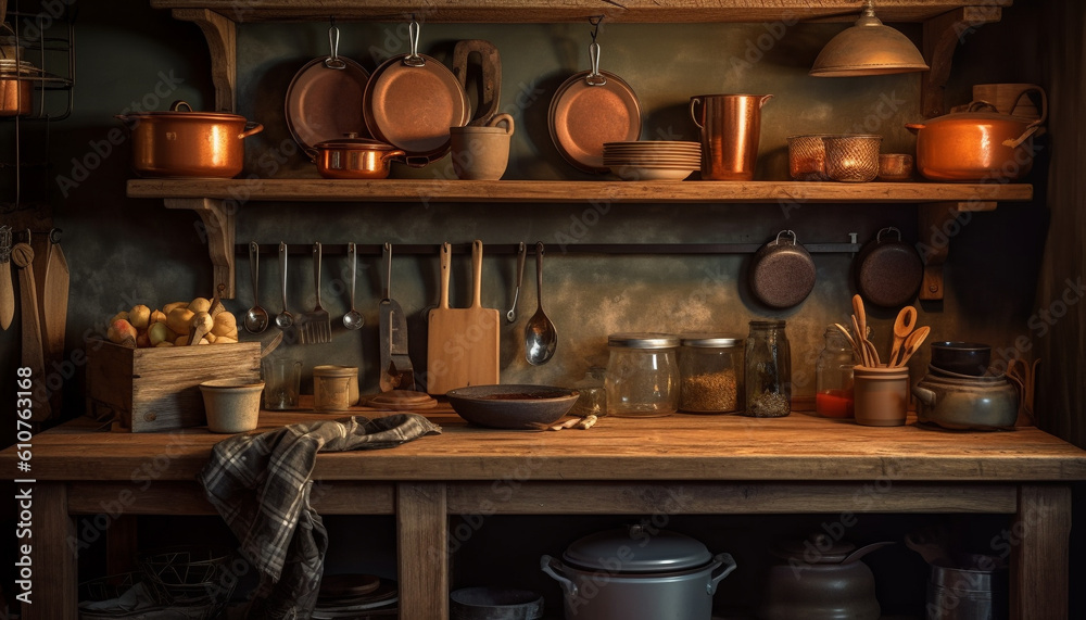 Rustic kitchen utensils collection on wooden shelf in domestic kitchen generated by AI