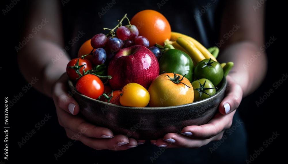 Healthy lifestyle Fresh organic vegetable and fruit bowl with grape snack generated by AI