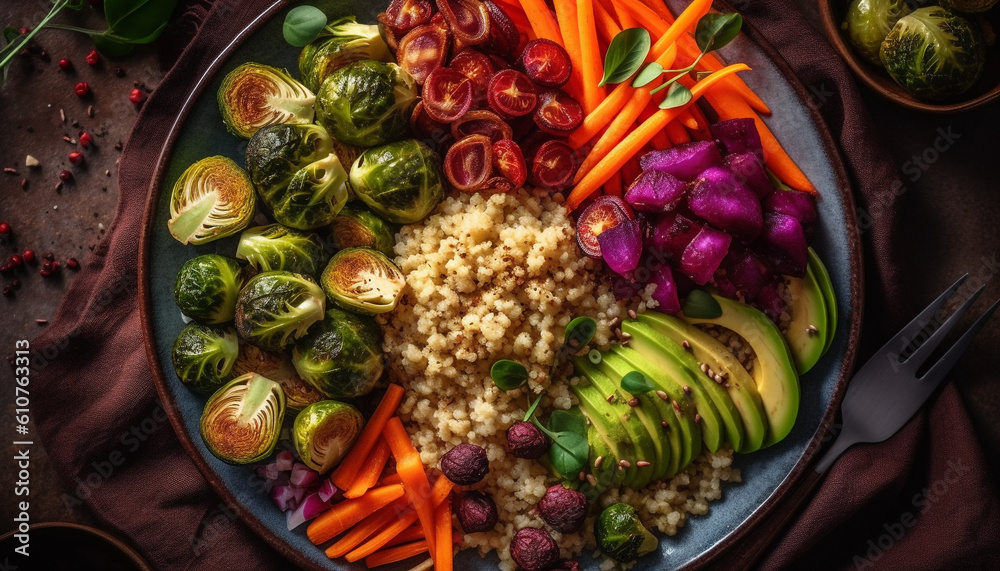 Rustic homemade appetizer plate with multi colored vegetables and meat generated by AI