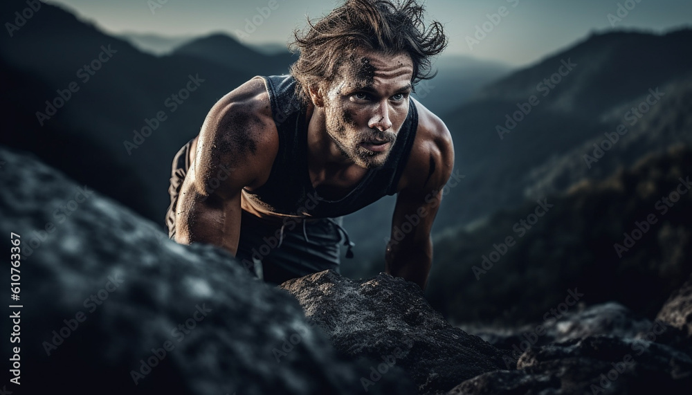 Muscular athlete conquers mountain peak, embodying masculinity and determination generated by AI