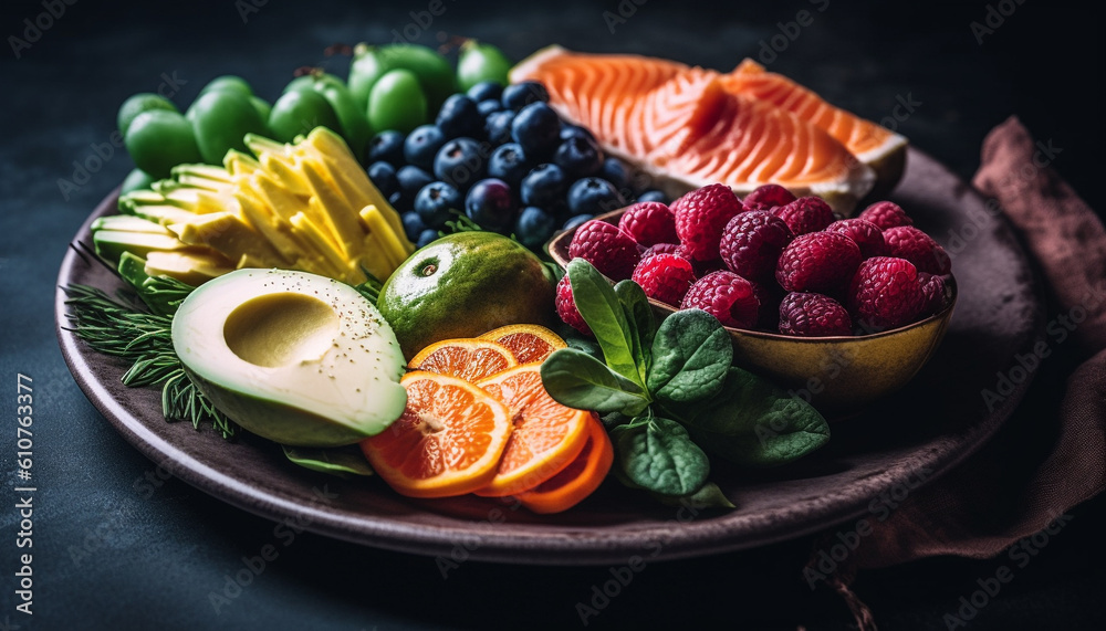 Fresh fruit salad with ripe berries, avocado, and citrus slices generated by AI