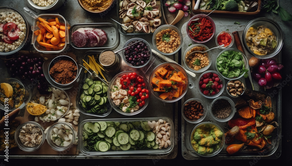 Healthy vegetarian salad with fresh organic ingredients and seafood seasoning generated by AI