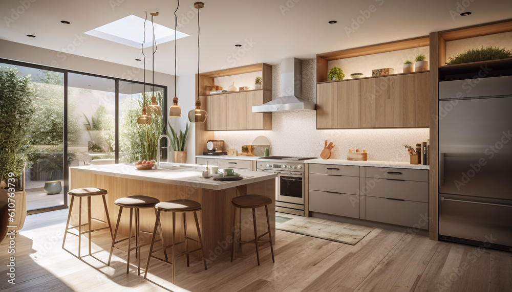 Modern domestic kitchen design with luxury wood material and stainless steel generated by AI