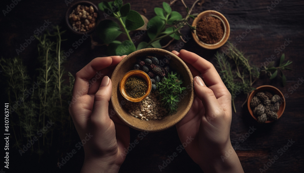 Hand holding fresh organic herb, seasoning vegetarian meal on wood table generated by AI