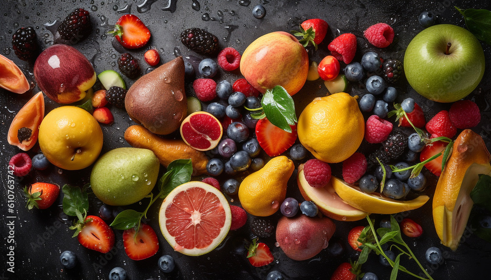 Vibrant collection of ripe berry fruit on wooden table generated by AI