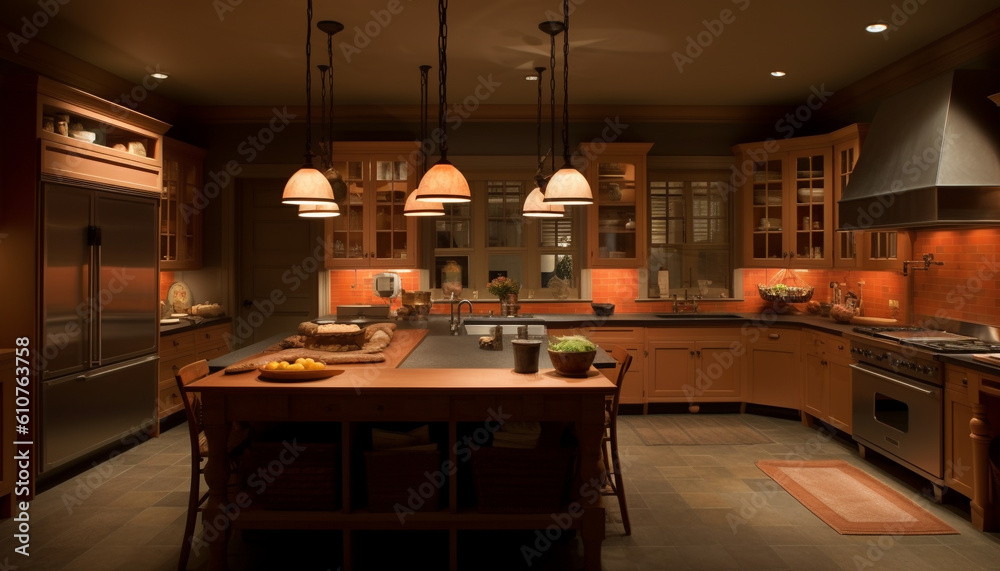 Modern domestic kitchen design with luxury wood material and appliances generated by AI