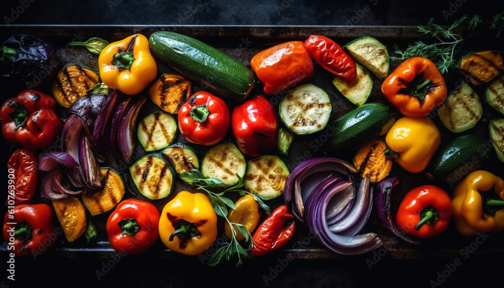 Grilled vegetable salad with multi colored bell peppers and fresh paprika generated by AI