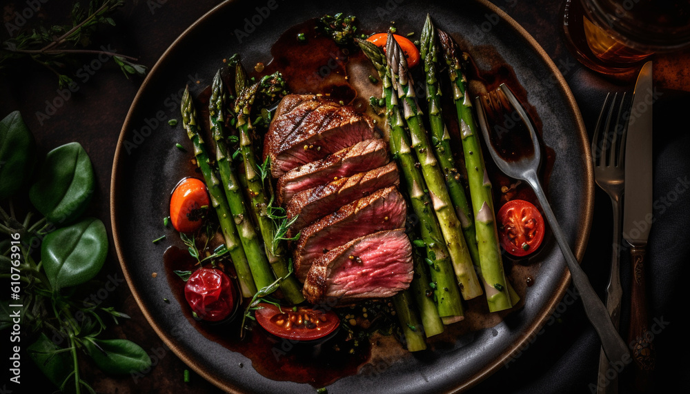 Grilled beef fillet and asparagus on rustic wooden plate generated by AI