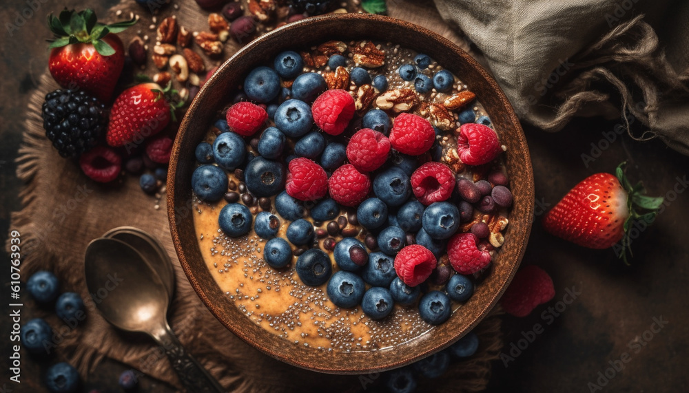 Rustic bowl of organic berry fruit and granola breakfast cereal generated by AI