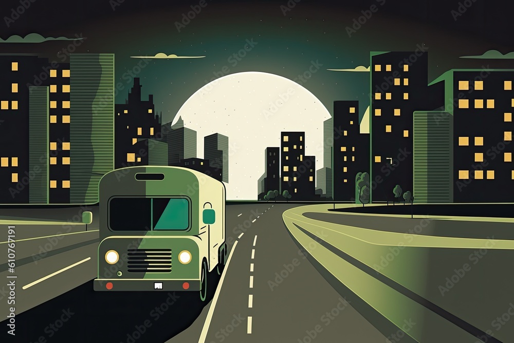 city bus driving through a vibrant urban landscape at night. Generative AI