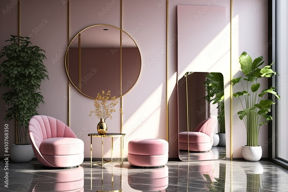 cozy living room with pink chairs and a round mirror. Generative AI