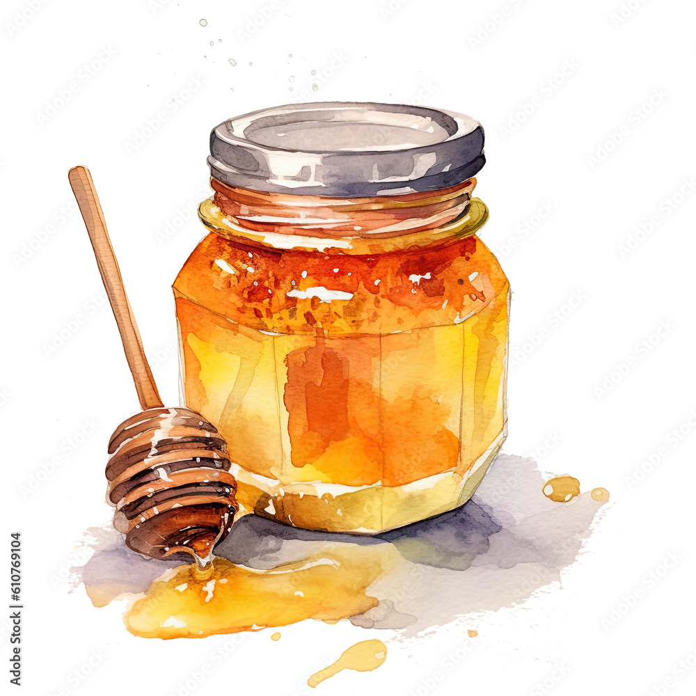 Watercolor honey jar with spoon. Illustration AI Generative.